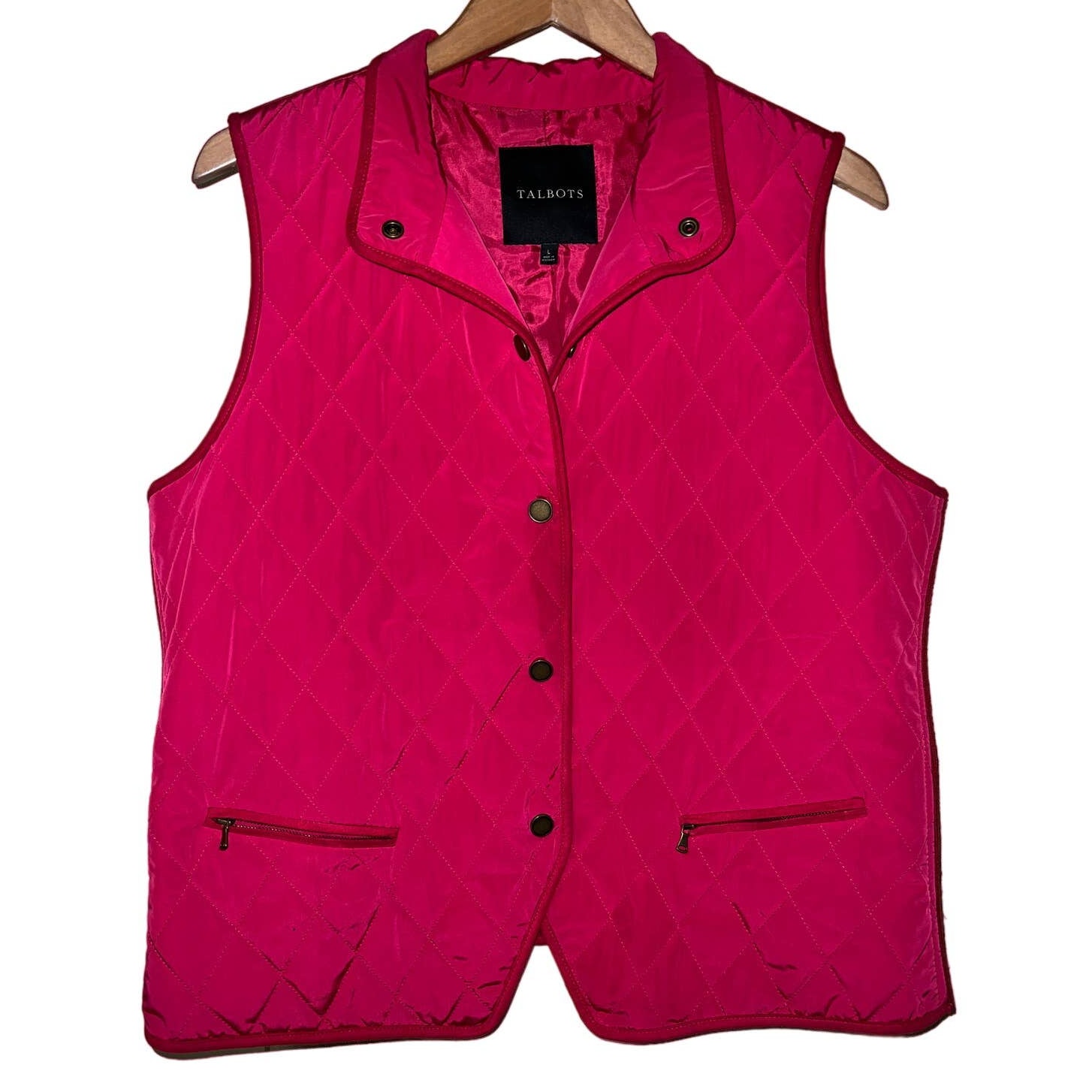 Talbots Size Large Quilted Vest Pink Diamond Wool Blend Snap Front 12 /14 Berry
